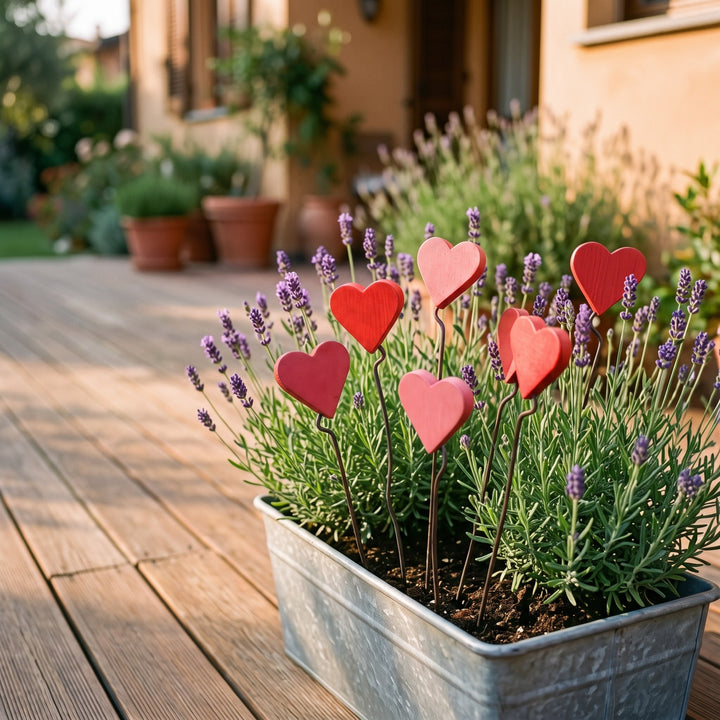 Cuore piccolo in legno – vaso di zinco con lavanda sul terrazzo