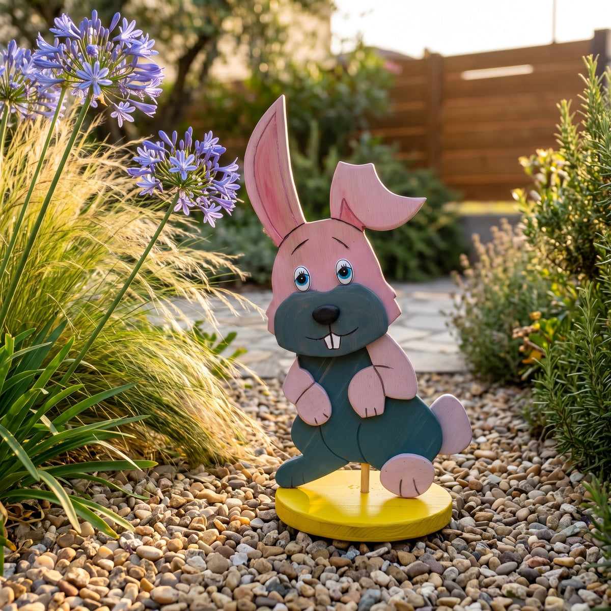 Coniglio da giardino in legno – ghiaia con agapanti blu