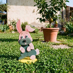 Coniglio da giardino in legno – prato di trifoglio con casa sullo sfondo