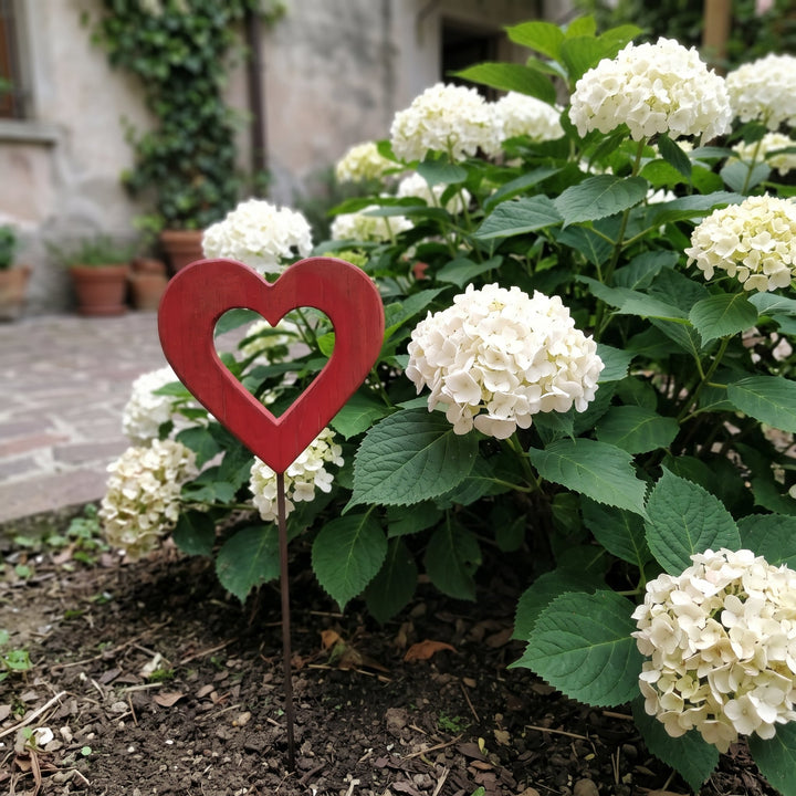 Cuore grande in legno – aiuola con ortensie bianche